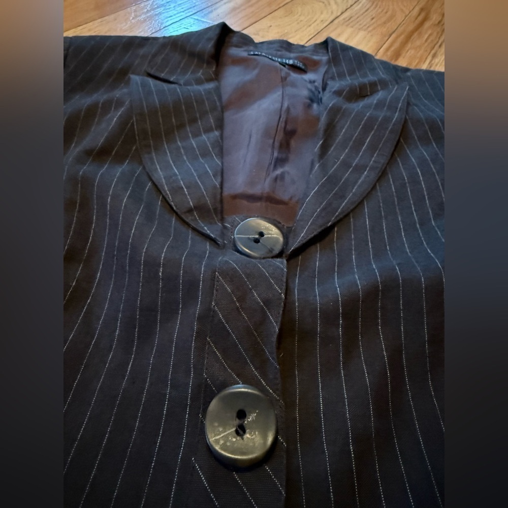 Lafayette 148 Blazer Brown Pinstripe 100% Linen 2 Button Career Jacket Women 10 - Picture 5 of 13